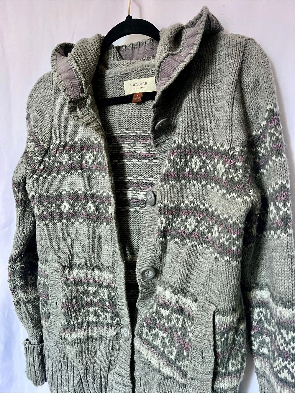 Sonoma Gray Hooded Fair Isle Button Cardigan - Picture 3 of 5